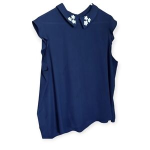 Navy Blue Sleeveless Top with Floral Collar